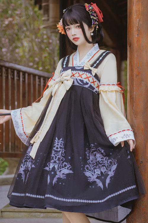 Sweet Lolita JSK Dress in Chinese Hanfu Style with High Waist and Fengming Motif