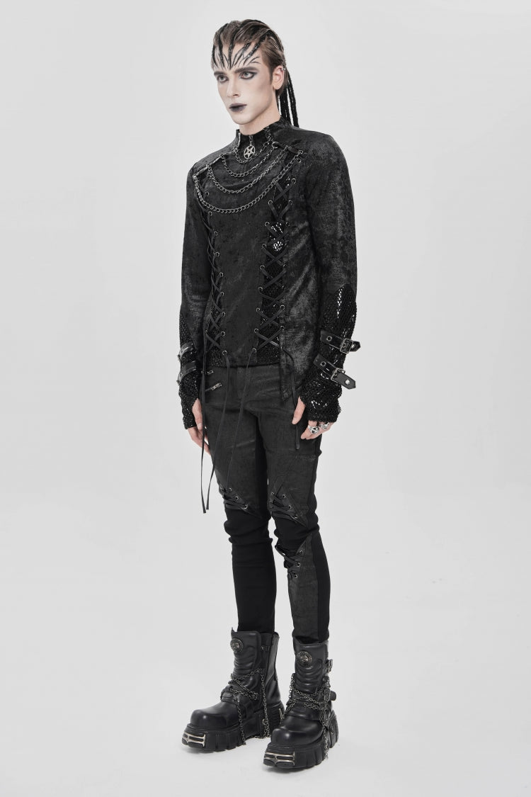Men's Punk Blouse with Lace-Up Front and Chain Accents