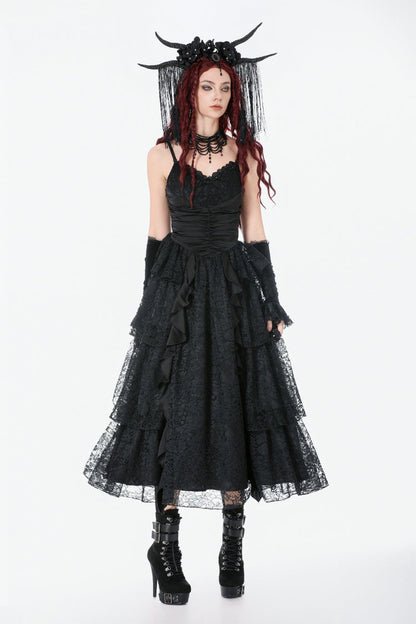 Ruched Lace Gothic Maxi Slip Dress for Weddings