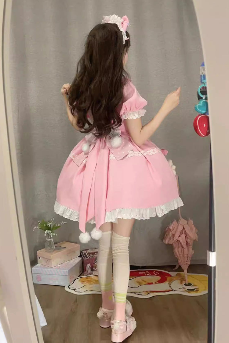Pink Square-Collar Printed Doll Party Detachable-Sleeved Ruffled Bow-Trim Sweet Princess Lolita Dress