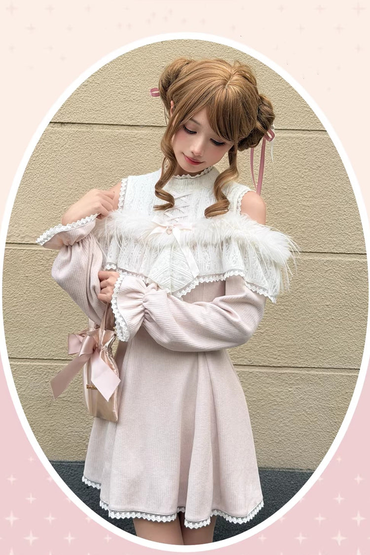 Pink Stand Collar Off-Shoulder Long Sleeve Lace Sweet Japanese Elegant Lolita Gown - Little Love Song