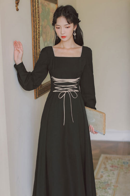 Black Classic OP Dress Lolita European Manor Square Collar - Altfashion Shop