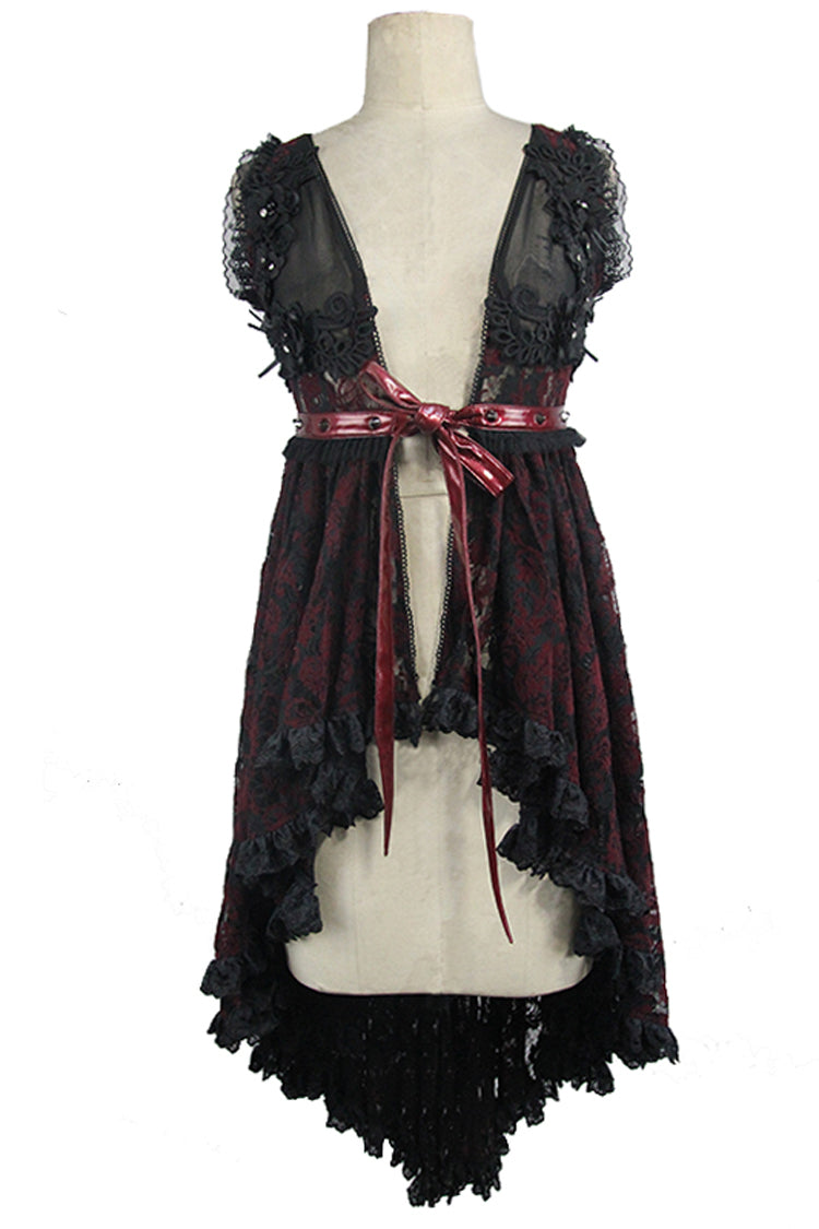 Waist Knot Back Lace-Up Frill Hem Sleeveless Rose Mesh Gothic Tee