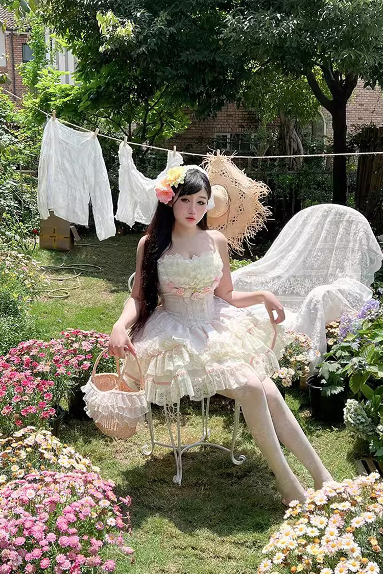 Pink Floral Love Ruffle Bow Lace Elegant Lolita Dress Set