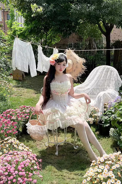 Pink Floral Love Ruffle Bow Lace Elegant Lolita Dress Set