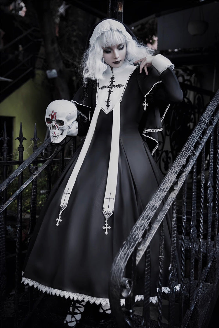 Elegant Lace-Stitched Long-Sleeve Gothic Gown