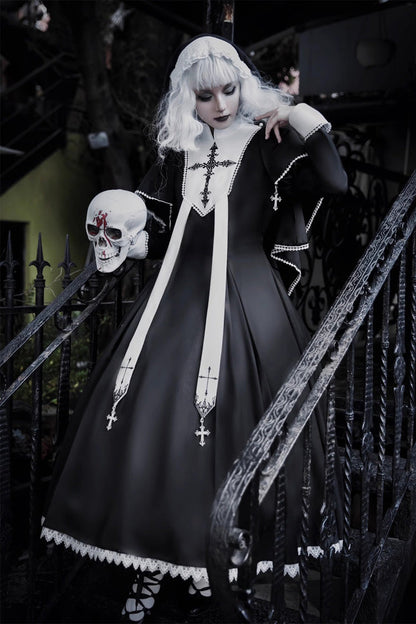 Elegant Lace-Stitched Long-Sleeve Gothic Gown