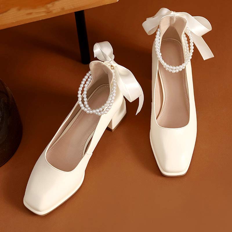 Elegant Pearl Bow High-heeled Shoes