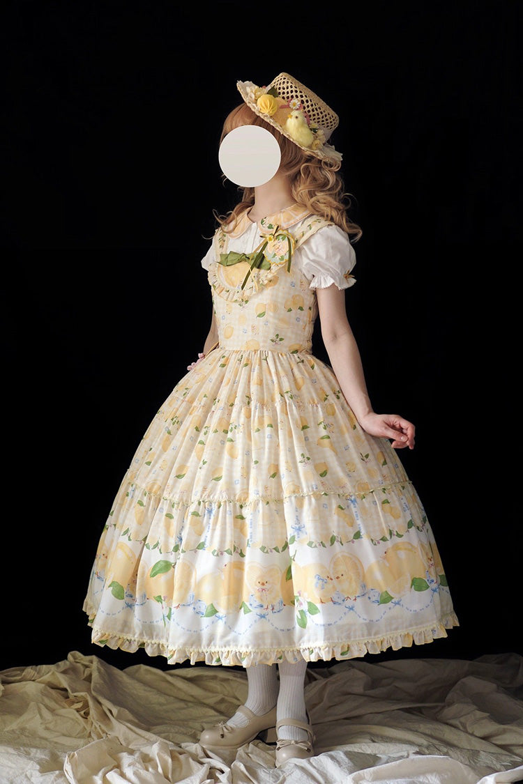 Lemon Chicken Print Ruffle Bow Lace Sweet Lolita JSK Long in Yellow