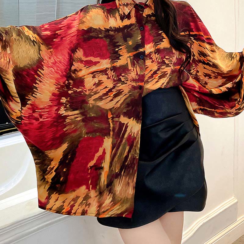 Vintage Floral Batwing Sleeve Lapel Shirt Workwear