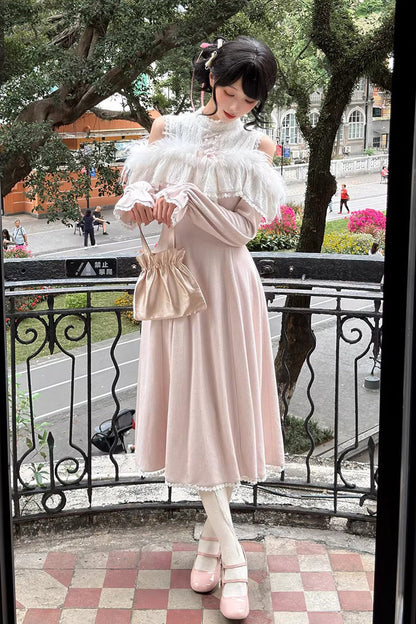 Rose Stand Collar Off-Shoulder Long Sleeve Lace Sweet Japanese Elegant Lolita Long Gown - Little Love Song