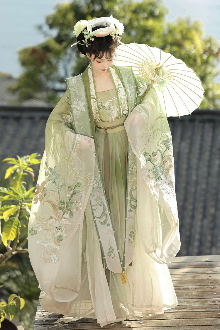 Emerald Song Dynasty Ruffled Hanfu Full Set - Silent Spring