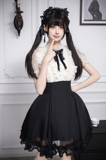 Puff-Sleeve Color-Blocked Faux Two-Piece Sweet Dress
