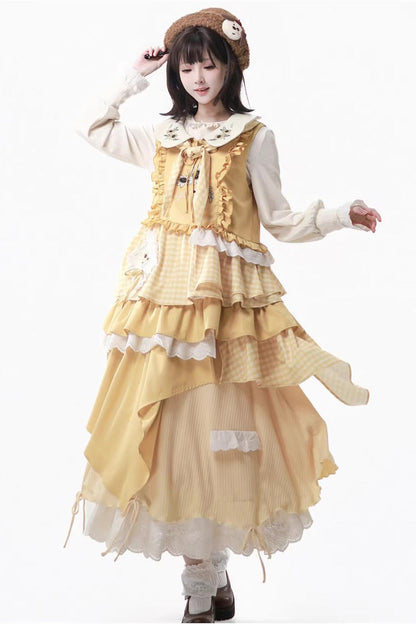 Orange Diary Layered Print Embroidered Bow Lace Asymmetric Sweet Lolita Jumper in Yellow