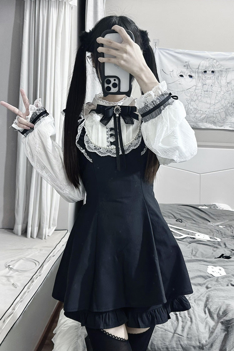 Print Bowknot Lace Gothic Jirai Kei Dress Set