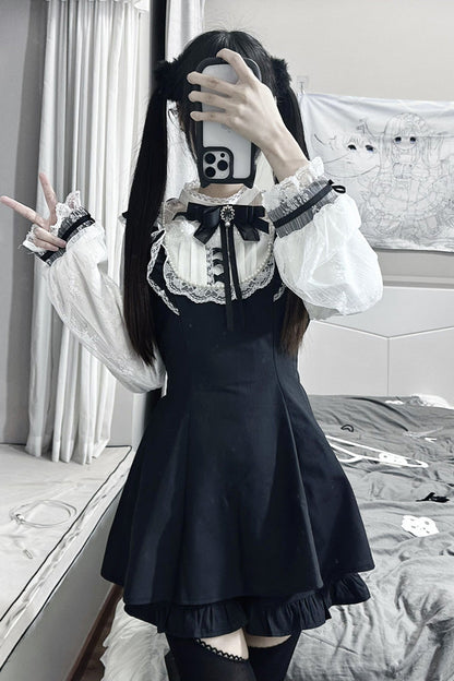 Print Bowknot Lace Gothic Jirai Kei Dress Set