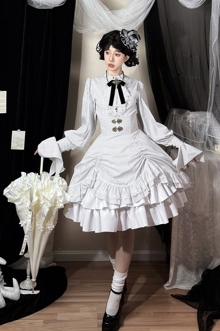 White Point Manor Multi-Striped Print Ruffled Bow Hem Gothic Lolita Skirt