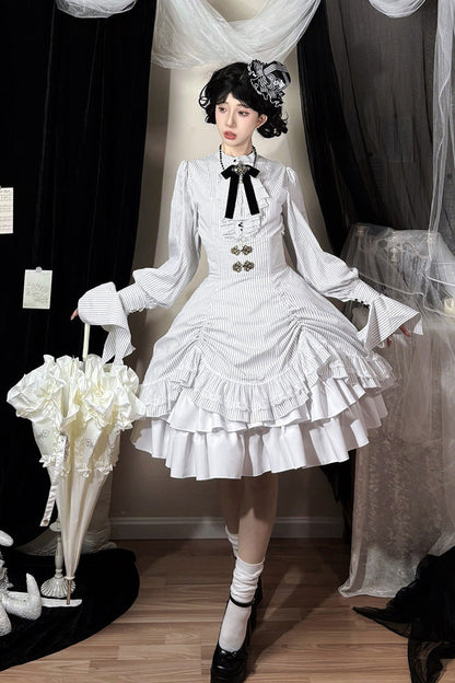 White Point Manor Multi-Striped Print Ruffled Bow Hem Gothic Lolita Skirt