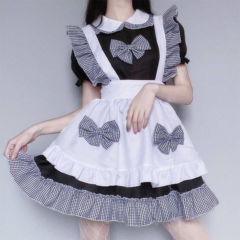 Robe de costume Lolita à volants et nœud papillon à carreaux Kawaii