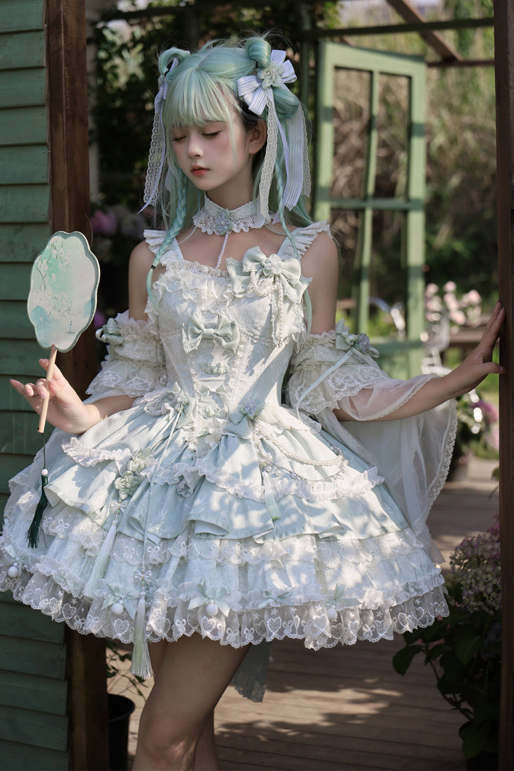 Emerald Prelude of Spring Cherry Square Collar Sleeveless Jacquard Ruffled Bow Lace Pearl Lolita JSK