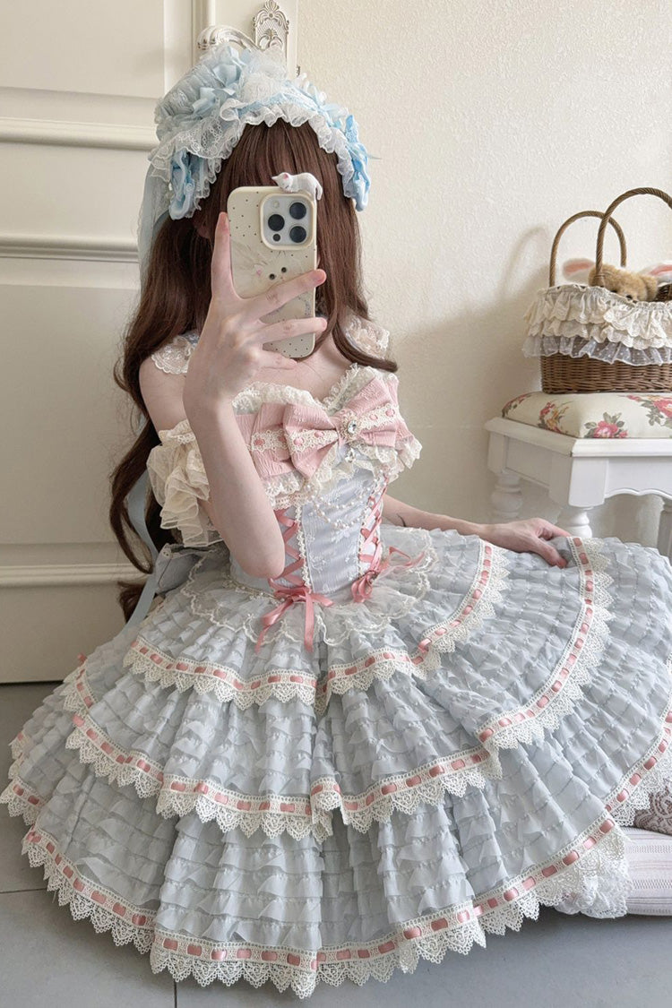 Blue Floral Letters Song Sleeveless Triple-Layered Bow Lace-Up Sweet Lolita Jsk Dress