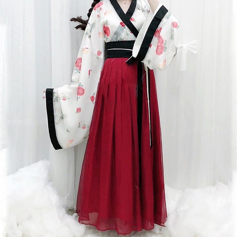 Elegantes Kimono-Set mit Oberteil und Rock mit V-Ausschnitt und Blumendruck