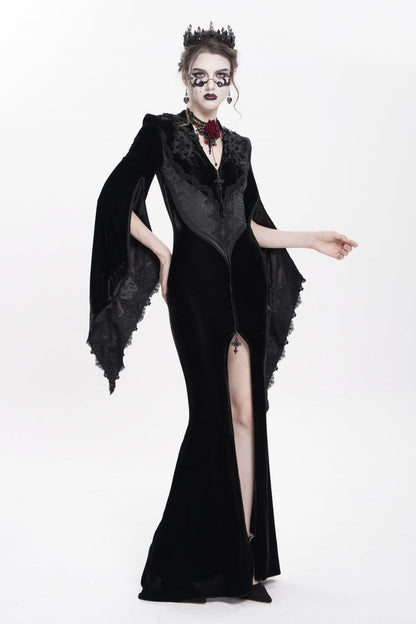 V Collar Trumpet Sleeve Floral Embroidered Velvet Gothic Dress