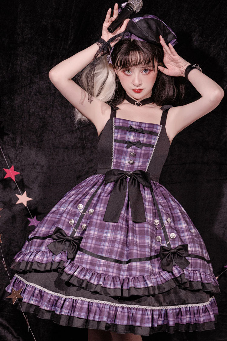 Pink/Black High-Waist Sweet Lolita JSK with Plaid Ruffles and Bow