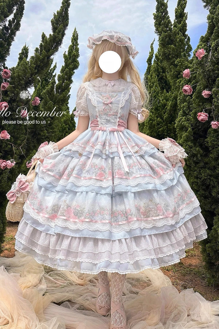 Multicolor Rose Flower Cage Print Triple Ruffle Bow Dress