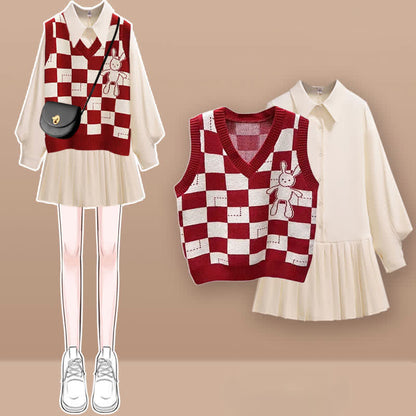 Vest Dress Pleated Bunny Print Shirt Lattice Set
