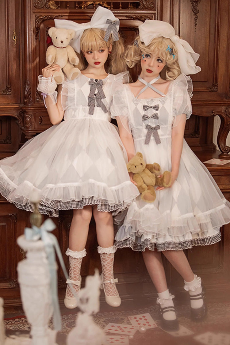 White Blue Sleeveless Diamond Plaid Bow Sweet Lolita JSK Dress