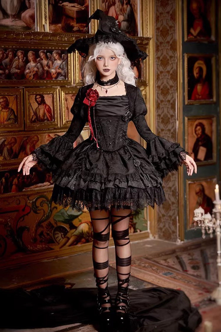 Gothic Lolita Skirt with Multi-Layered Jacquard and Ruffled Witch Design