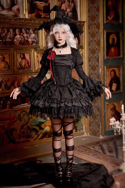 Gothic Lolita Skirt with Multi-Layered Jacquard and Ruffled Witch Design