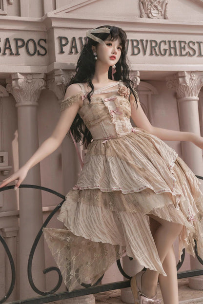 Golden Sleeveless High-Waist Printed Asymmetric Sweet JSK