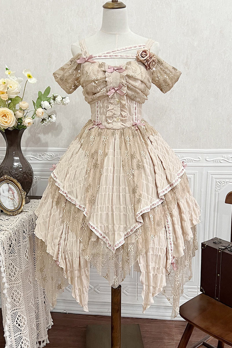 Golden Sleeveless High-Waist Printed Asymmetric Sweet JSK