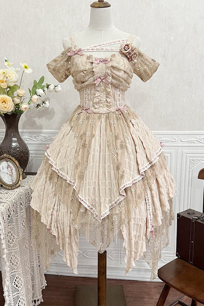 Golden Sleeveless High-Waist Printed Asymmetric Sweet JSK