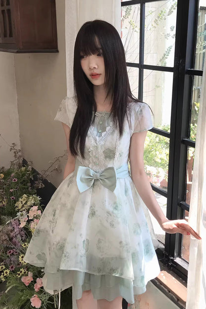 Green Floral Print Short Sleeve Bow Lace Sweet Princess Lolita Dress