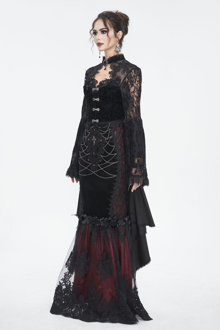 Women's Dark Blouse with Flared Sleeves and Lace Trim