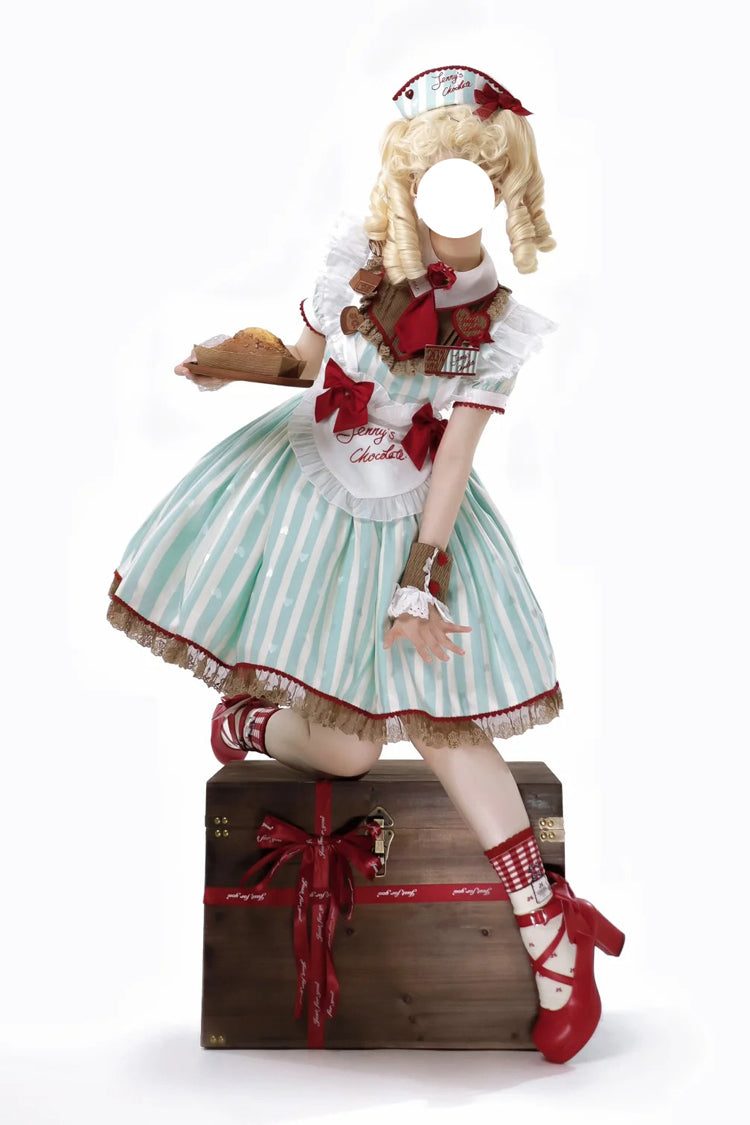 Emerald Jenny's Chocolate Short Sleeves Vertical Stripes Print Ruffle Bow Sweet Lolita Dress