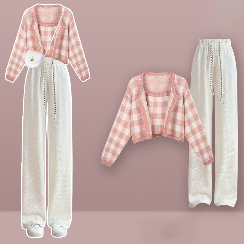 Cardigan Set Plaid Top Sweater Pants Pink White