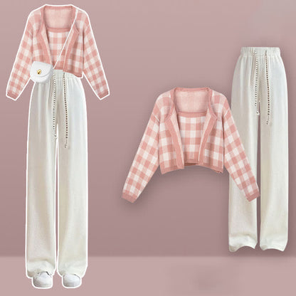 Cardigan Set Plaid Top Sweater Pants Pink White