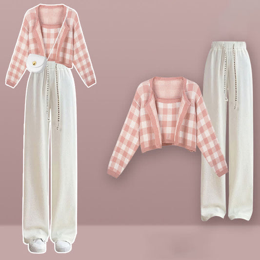 Cardigan Set Plaid Top Sweater Pants Pink White
