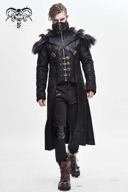 Men's Punk Coat with Fur Cape and Metal Hasp