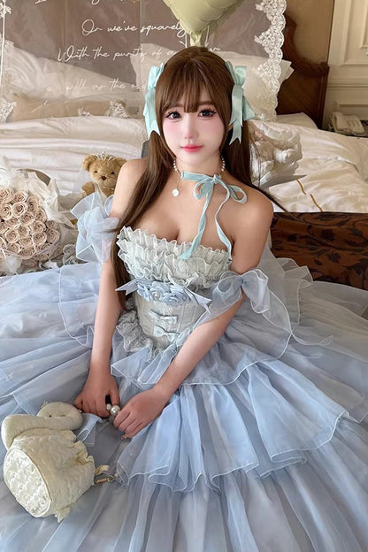 Multi-Layered Sleeveless Dress with Hanayome Bow and Ruffles