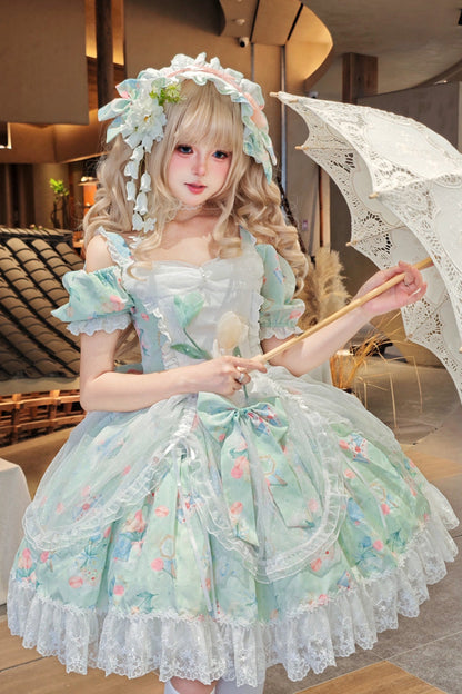 Emerald Off-Shoulder Ruffle Lace Sweet Lolita Dress - Tulip's Letter