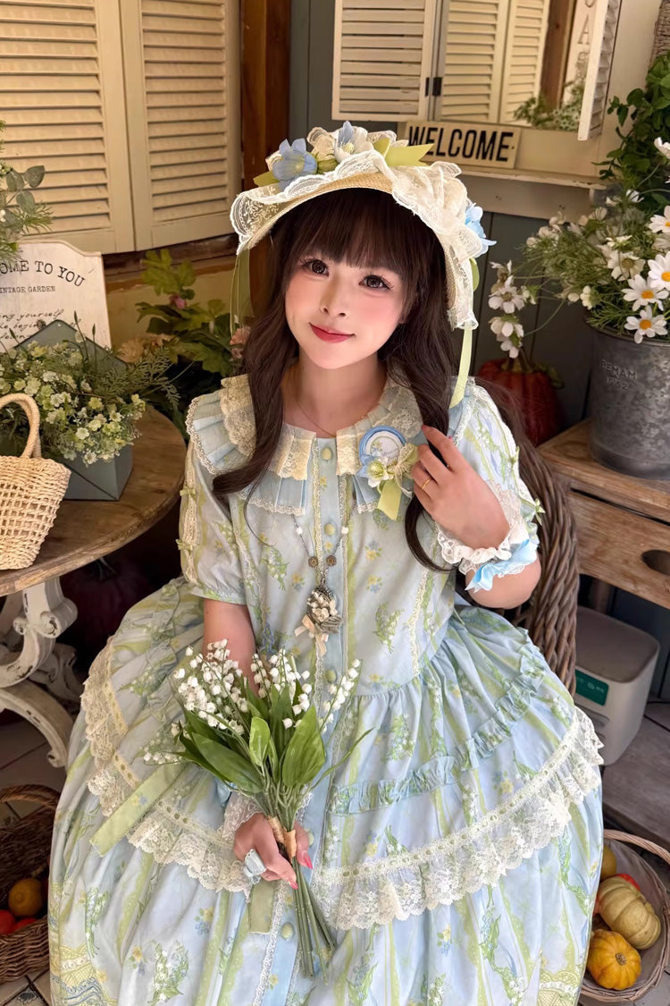Blue Green Lily of the Valley Perfume Pearl Candy Tea Doll Collar Short Sleeve Print Lace Plus Sweet Lolita OP