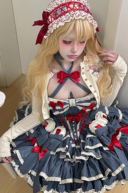 Halterneck Sleeveless Triple-Ruffle Laced JSK with Bow