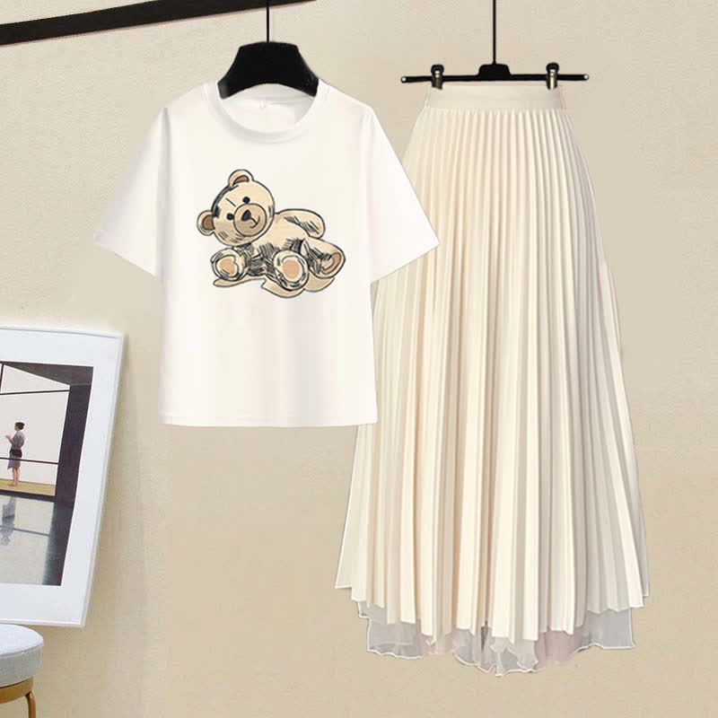 Print Cartoon Letter Tulle Pleated T-Shirt Bear Skirt
