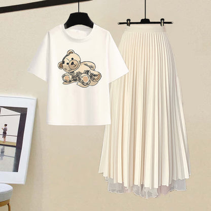 Print Cartoon Letter Tulle Pleated T-Shirt Bear Skirt