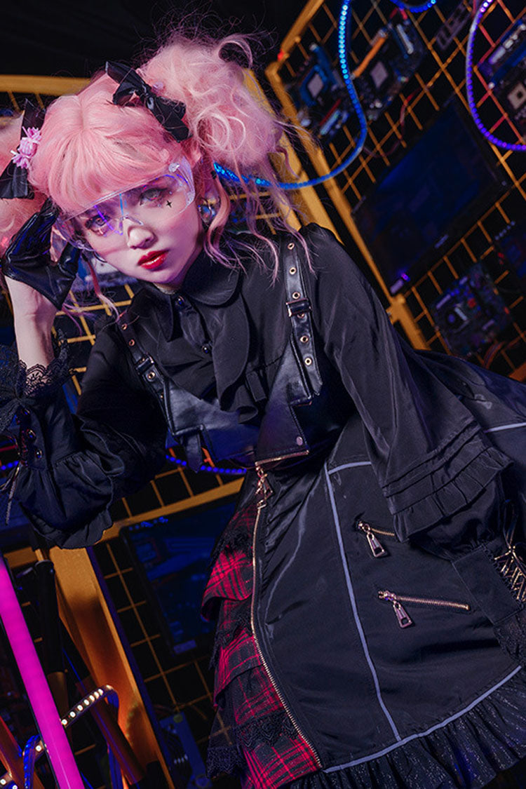 Black Zippered Gothic Lolita JSK Dress with Ruffled Multi-Layer Cardigan